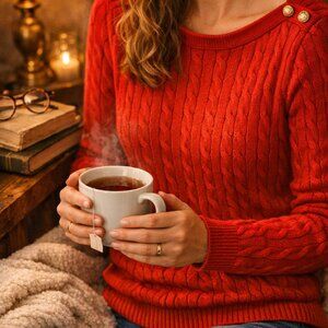 Lauren Ralph Lauren Red Cable-Knit Sweater with Gold Shoulder Buttons